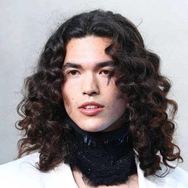 Long Curly Middle Part hairstyle for oval face shape - men's long curly hair