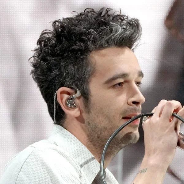 Messy Curly Quiff hairstyle for oval face shape - men's medium curly hair