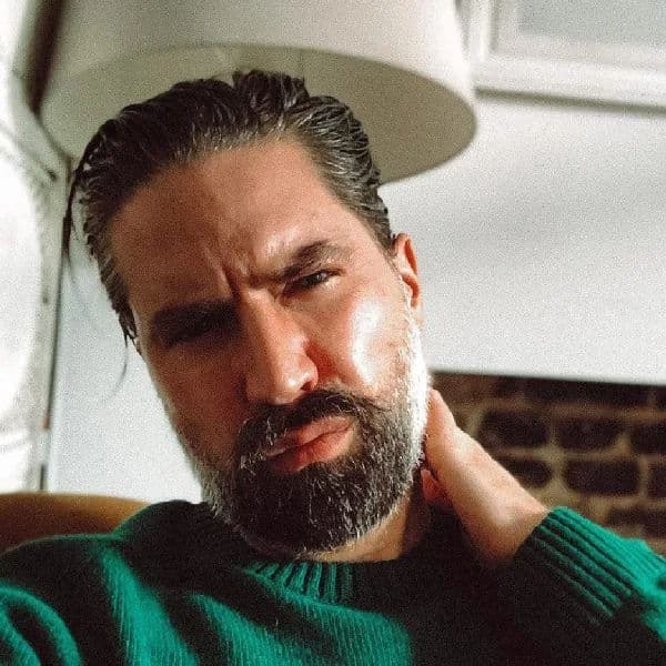 Classic Slick Back with Beard hairstyle for oval face shape - men's short straight hair