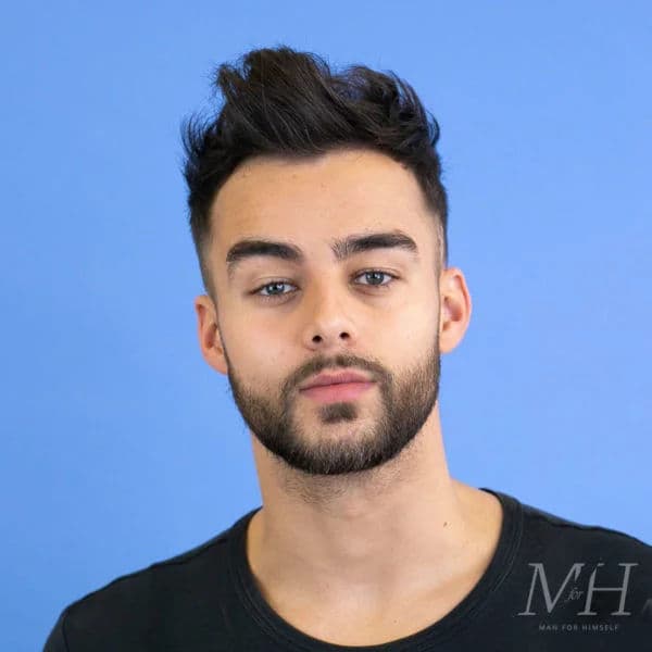 Messy Textured Quiff with Low Fade hairstyle for rectangle face shape - men's short straight hair
