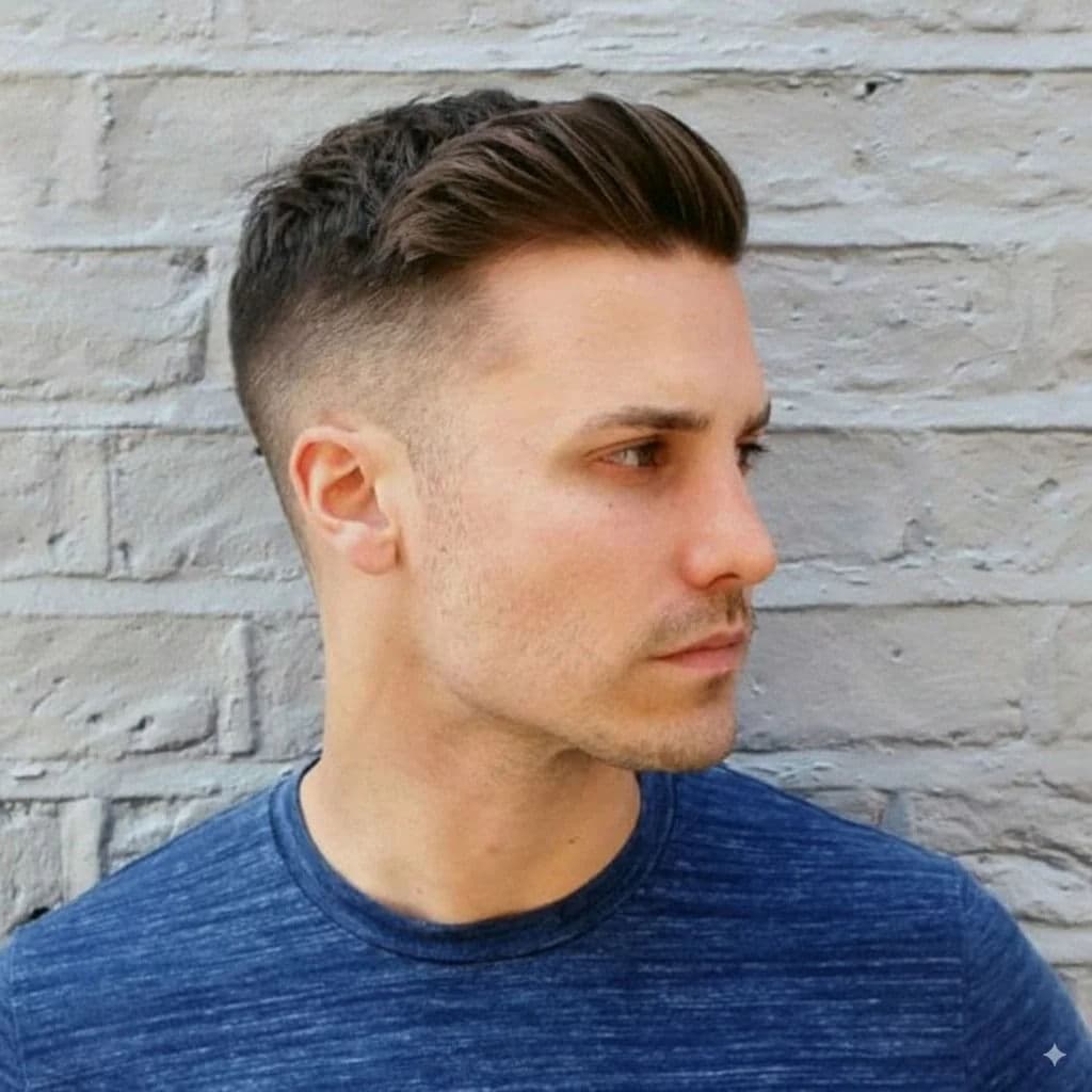 Modern Textured Quiff with Mid-Skin Fade hairstyle for diamond face shape - men's short straight hair
