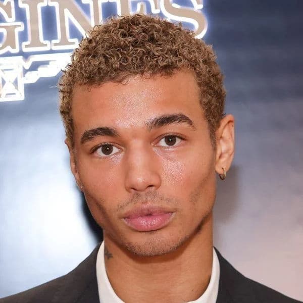 Short Honey Blonde Curly Crop hairstyle for diamond face shape - men's short curly hair