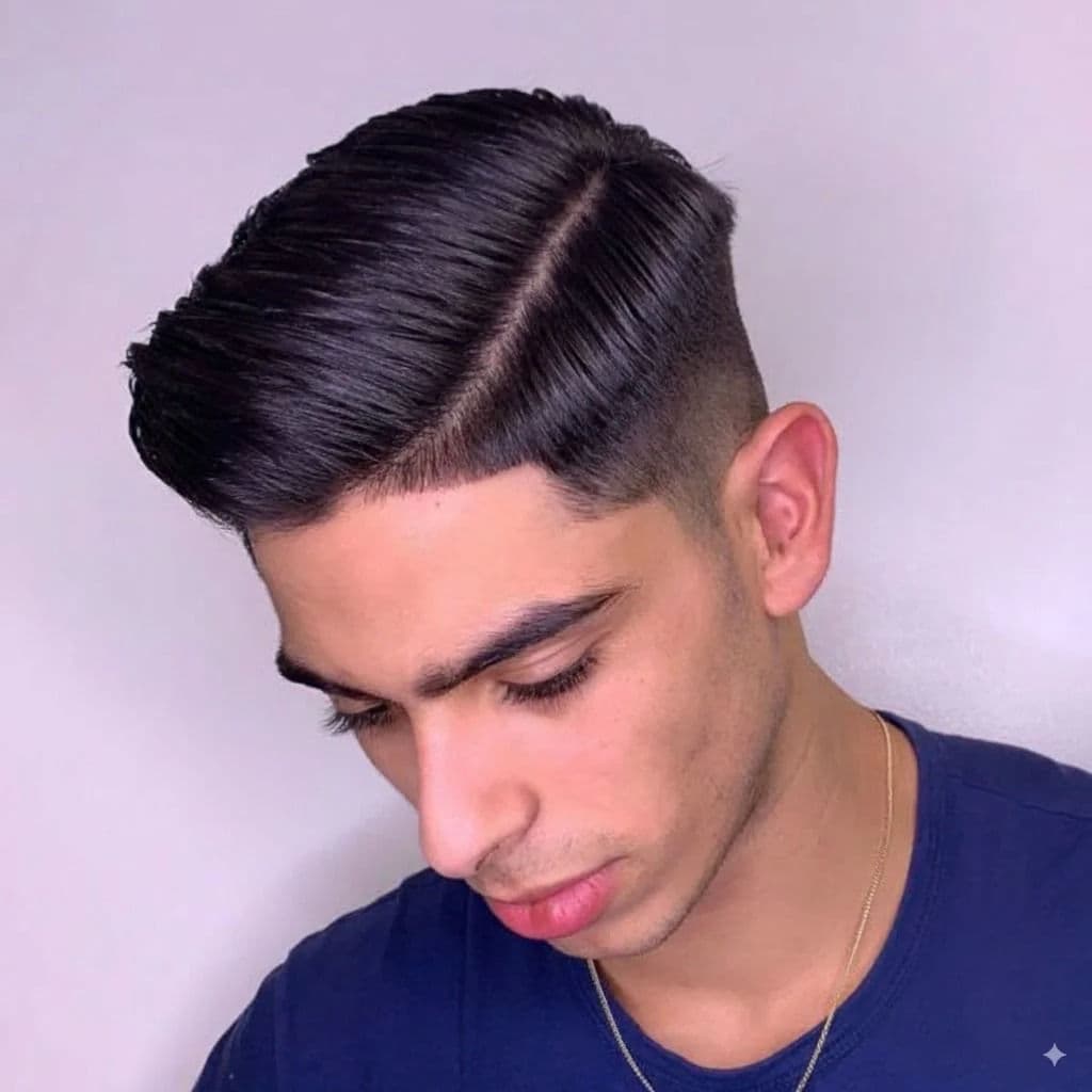 Side Part Pompadour with Mid Fade hairstyle for diamond face shape - men's short straight hair