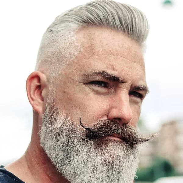 Silver Modern Pompadour with High Fade hairstyle for rectangle face shape - men's short straight hair